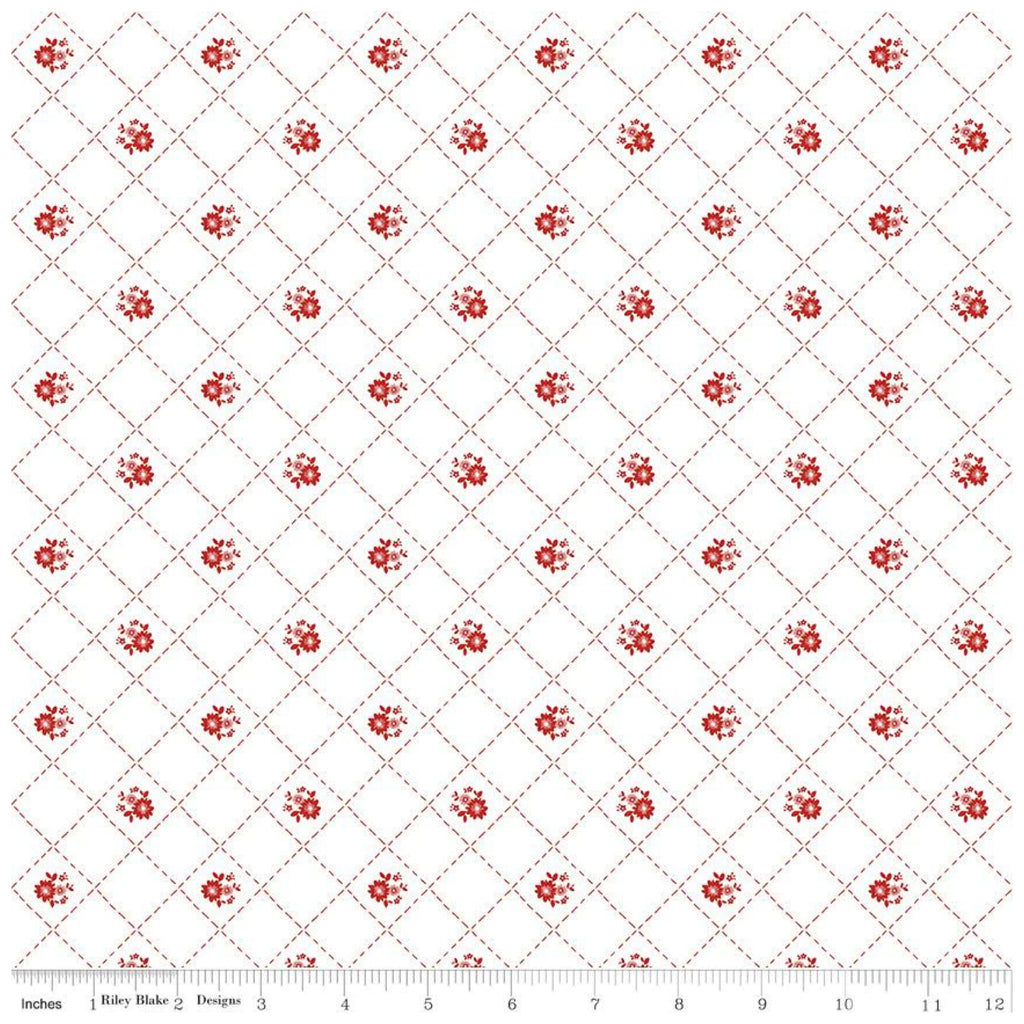 Red Hot Quilted Flowers White C11682.Priced per 25cm