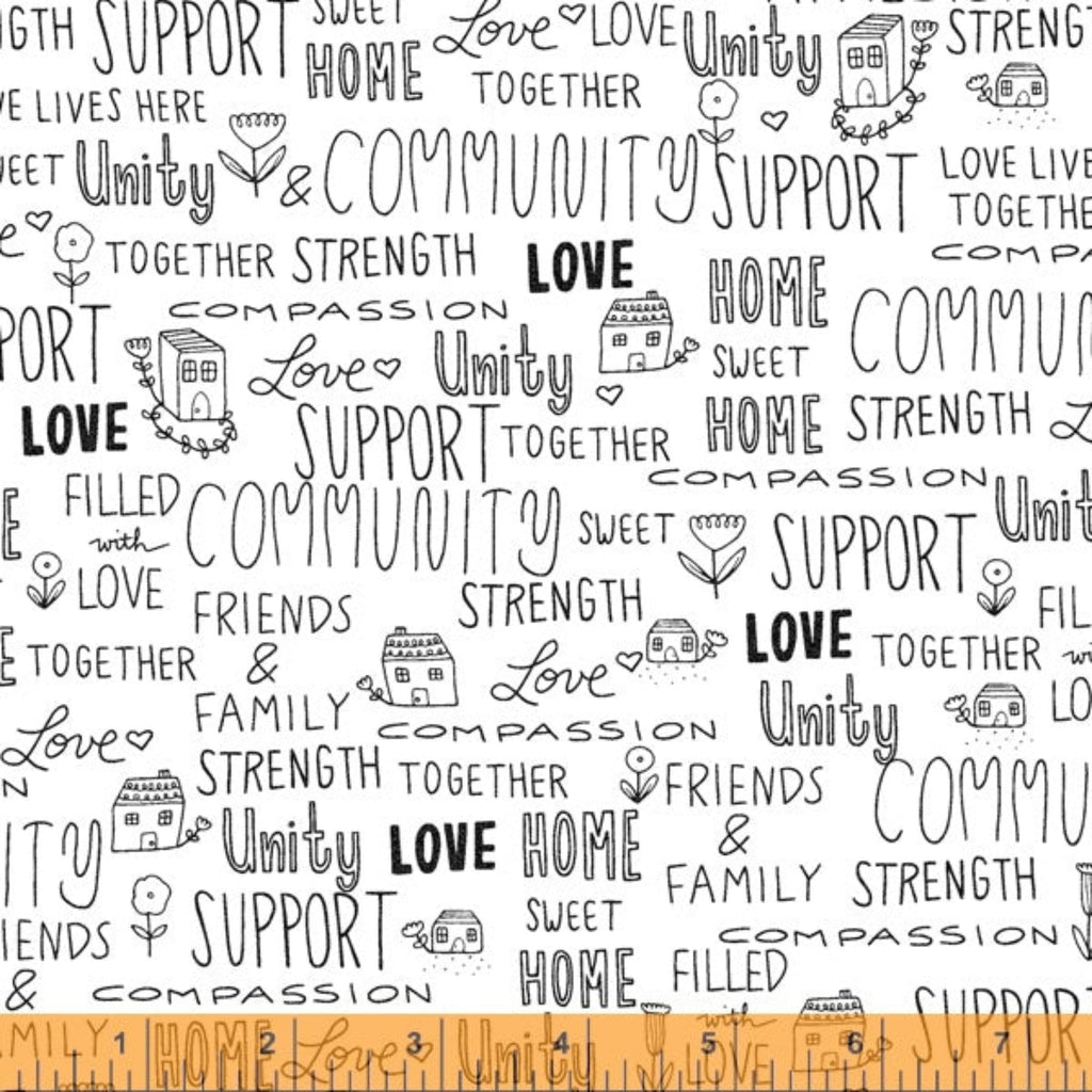 A fabric with a white background featuring a pattern of black text and illustrations related to the theme of love and support, such as the words 'Love', 'Strong', and various home-related images like houses and trees.