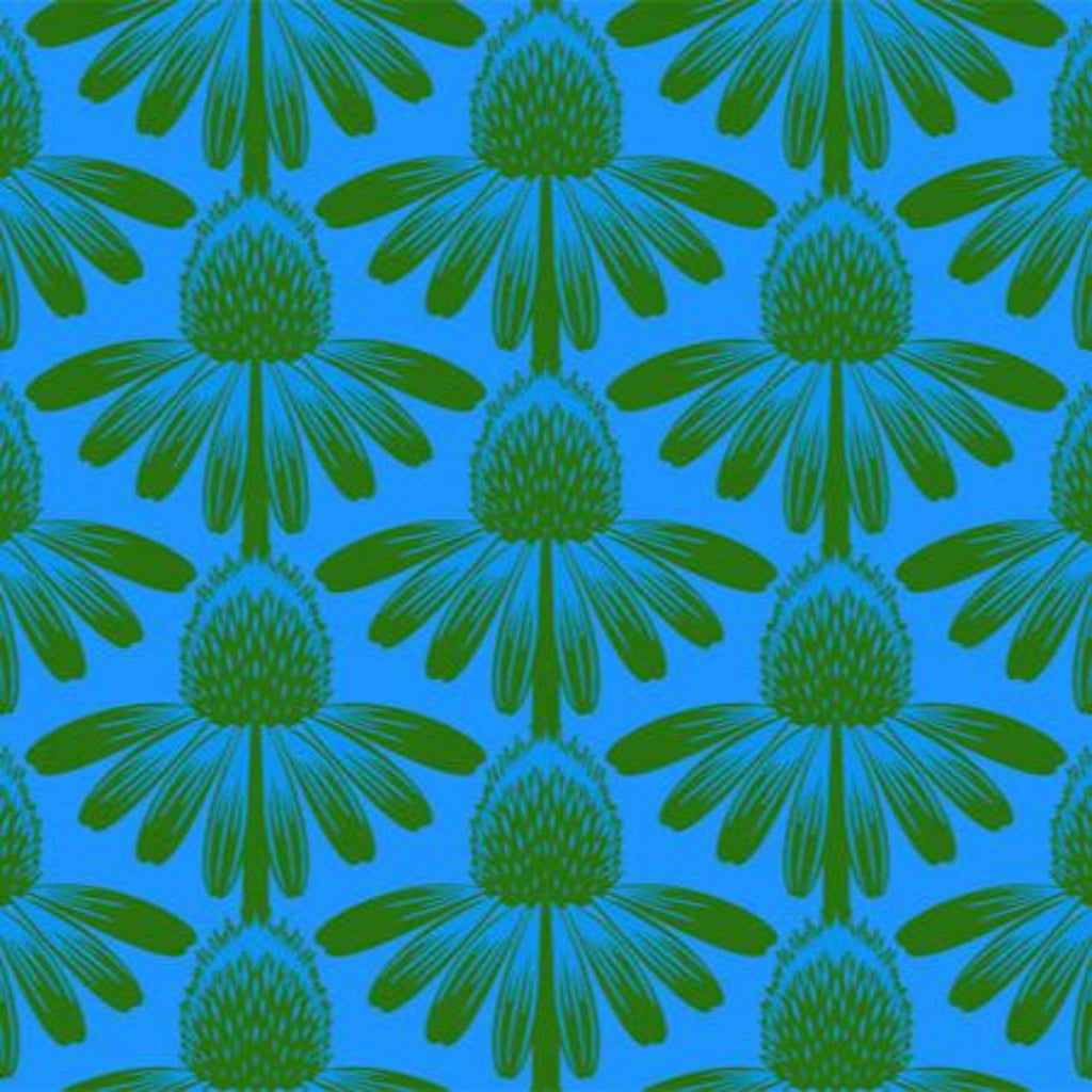 A swatch of fabric featuring a blue floral pattern with green coneflowers, part of the Indelible collection by Anna Maria.