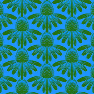 A swatch of fabric featuring a blue floral pattern with green coneflowers, part of the Indelible collection by Anna Maria.