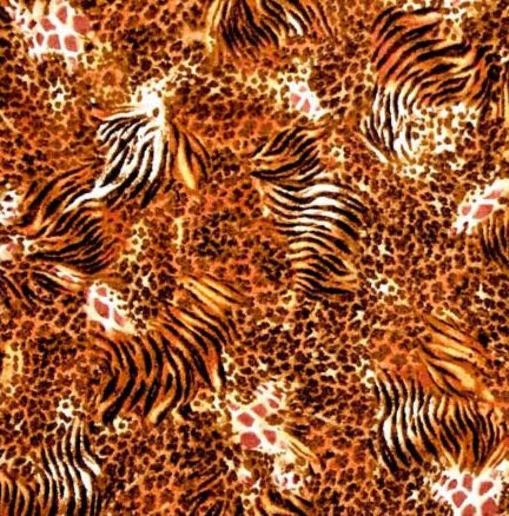 Patterned fabric with zebra and leopard prints on a brown background
