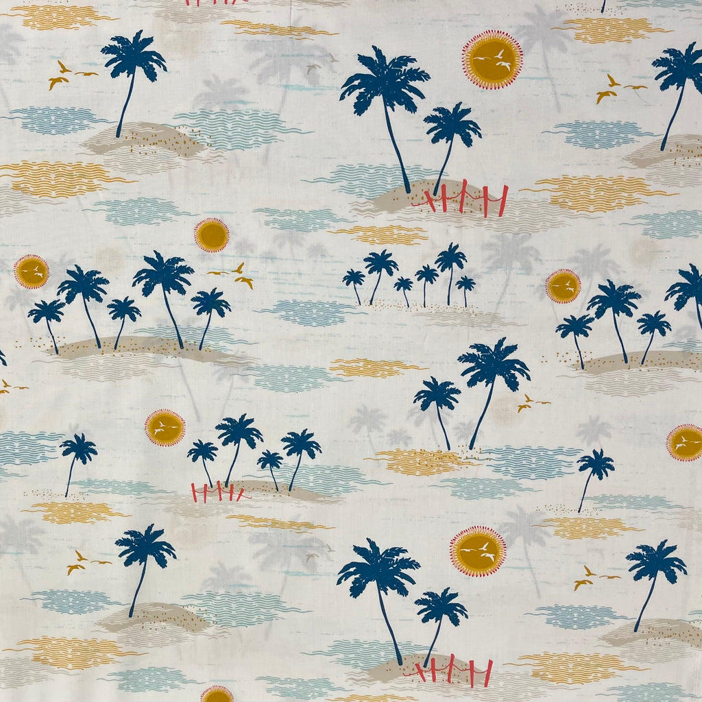 Pattern of palm trees and suns on a light background