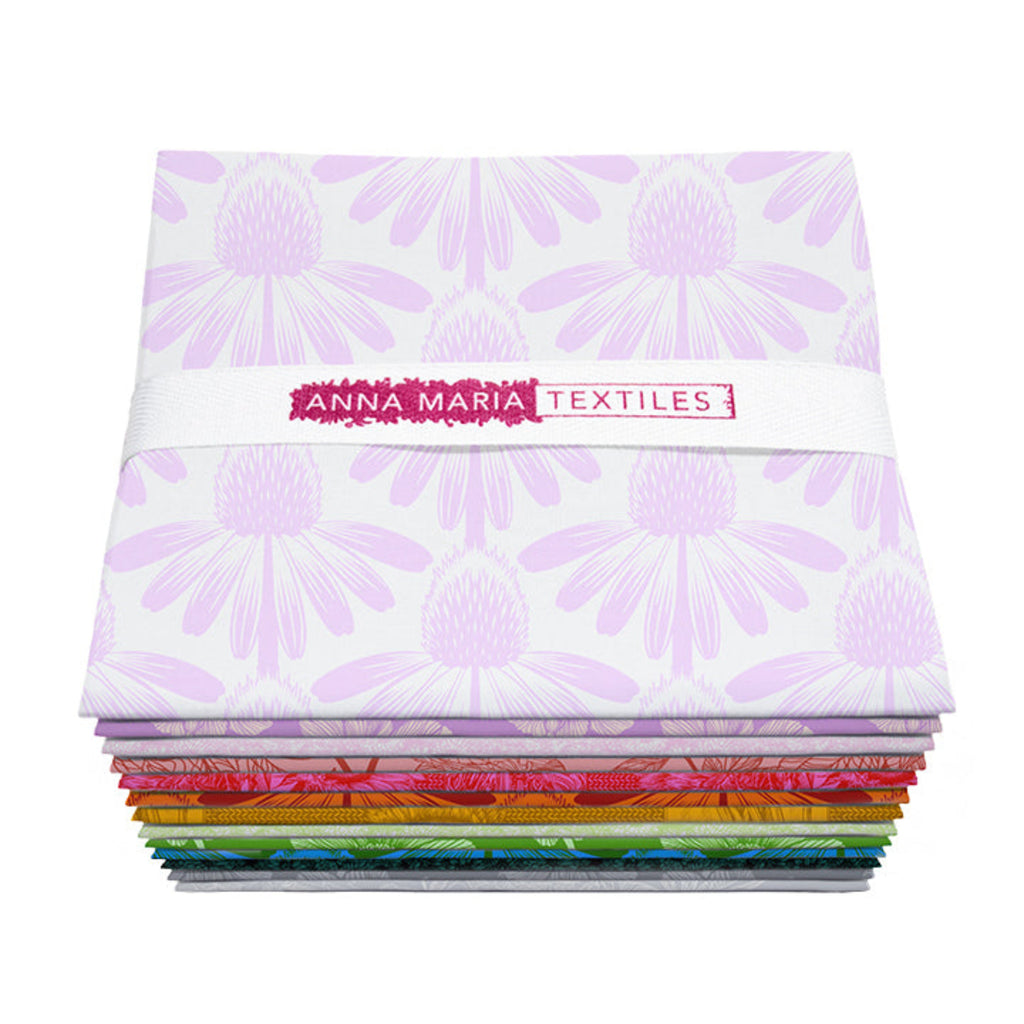 Stack of fabric packets with purple floral pattern and Anna Maria Textiles branding on a white background.