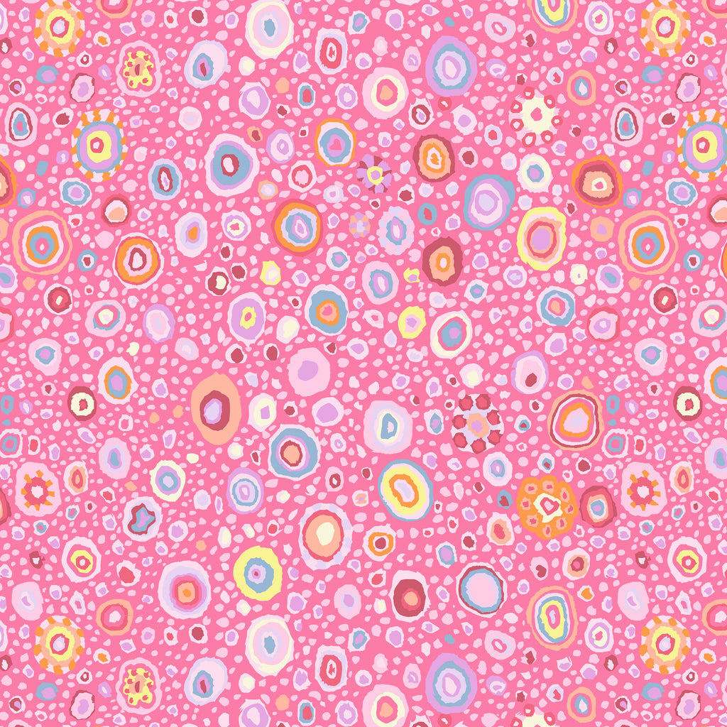 Colorful circular pattern on a pink background