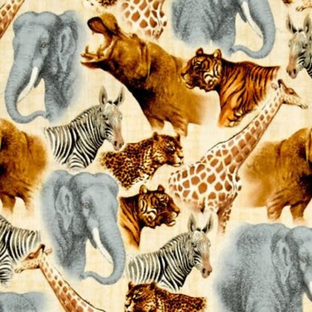 Pattern of various African animals including elephants, giraffes, zebras, and lions on a beige background.