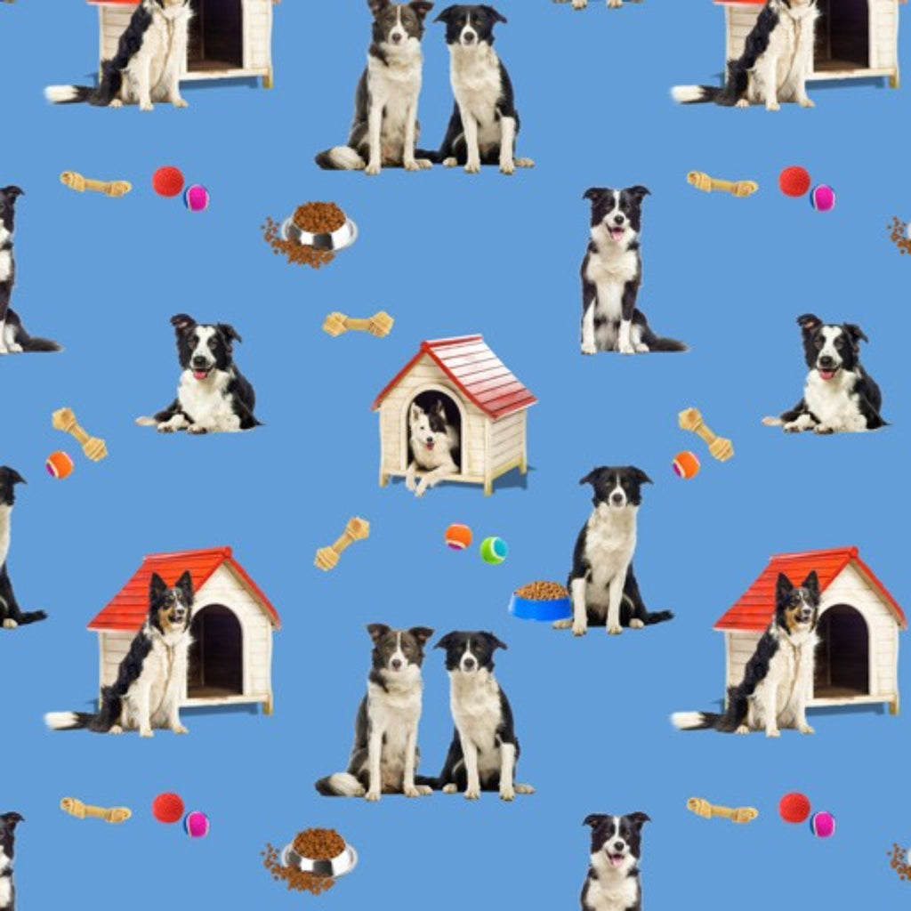 Fabric featuring multiple images of Border Collies in various poses such as sitting, standing, and lying down, alongside dog houses, bones, and toys, all set against a blue background.