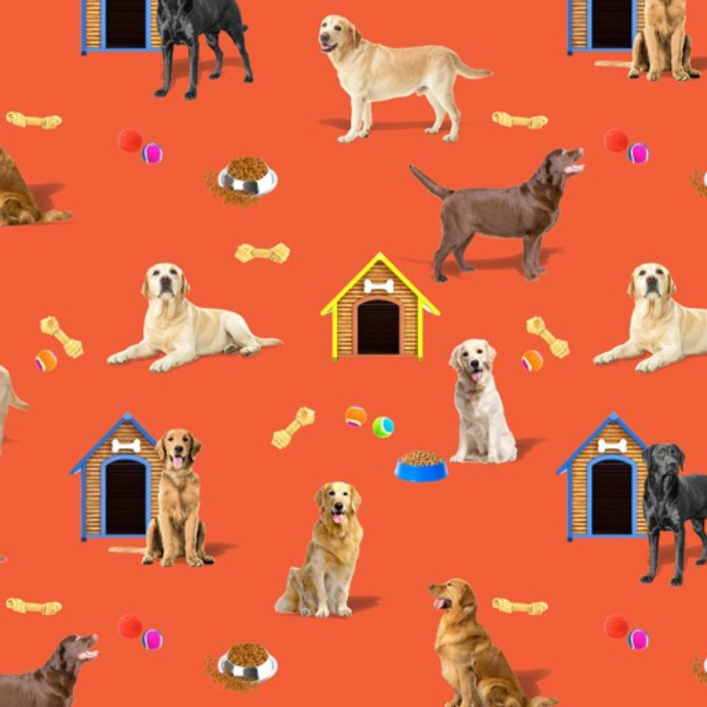 A patterned fabric featuring images of retriever dogs in various poses, dog houses, and dog treats on an orange background.
