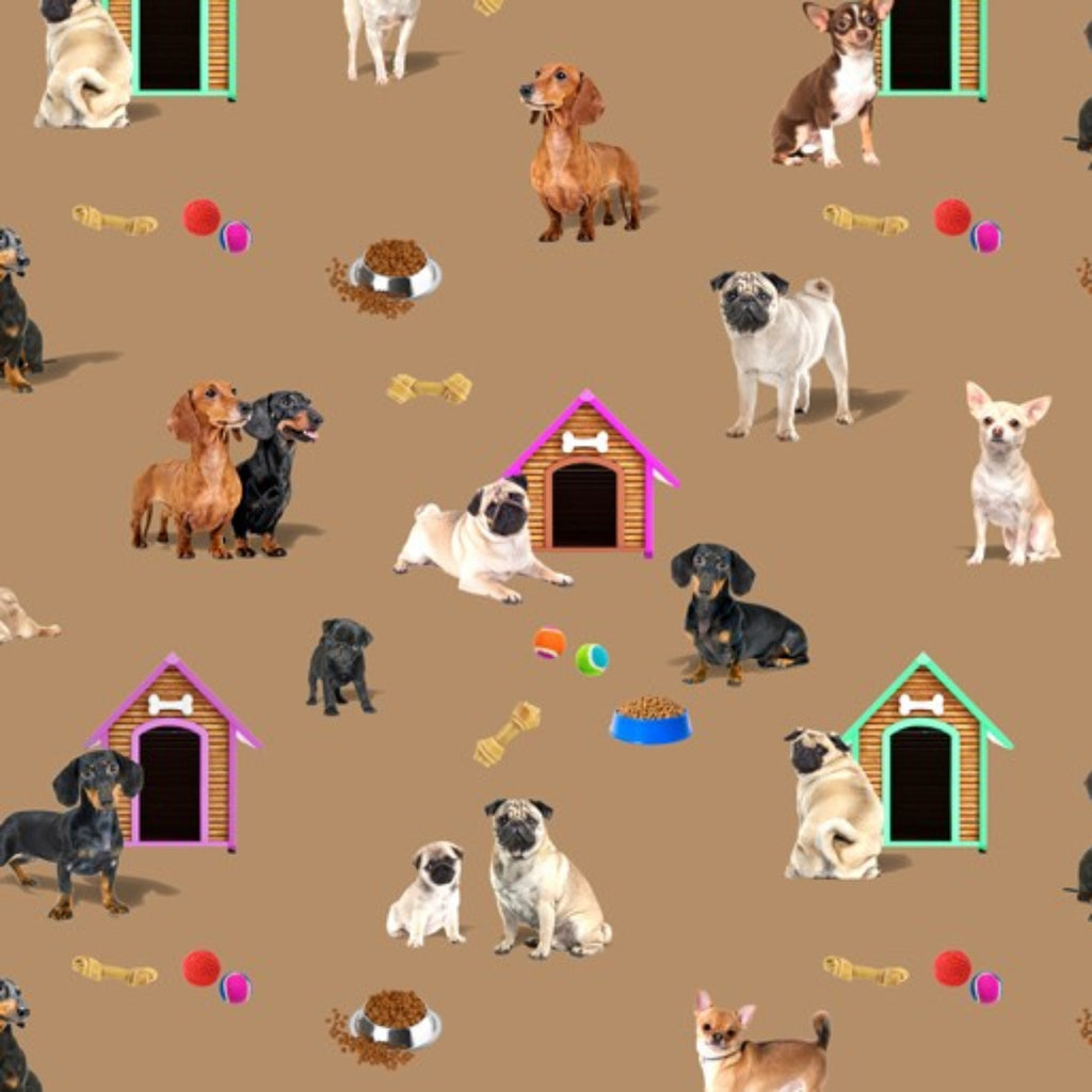 A fabric featuring a variety of small dogs in different poses and Breeds, with dog houses and toys, printed on a beige background.