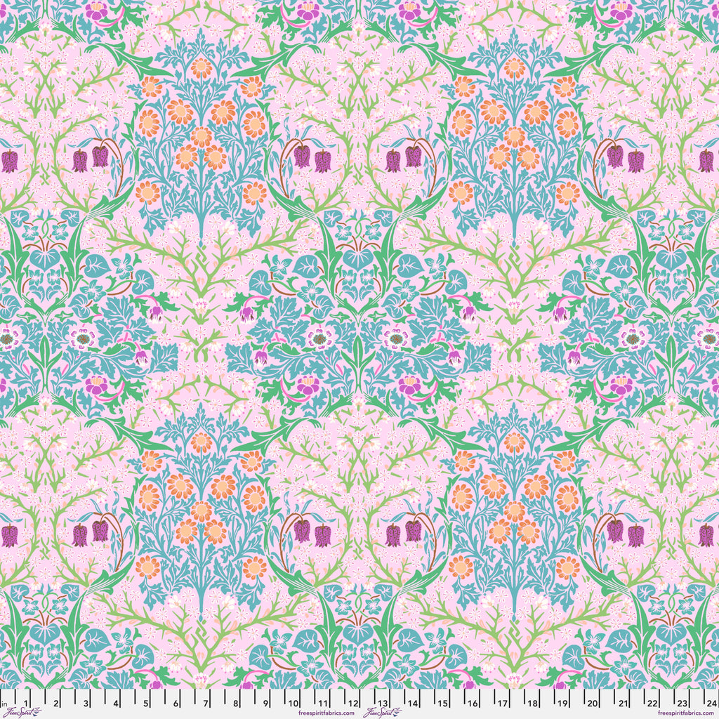A piece of fabric featuring a floral pattern with pink and green flowers on a light background, repeated every 25cm.