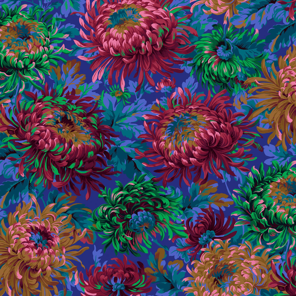Colorful floral pattern with vibrant red, green, and blue flowers on a dark blue background.