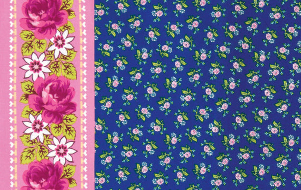 Floral patterned fabric with purple flowers and green leaves on a blue background