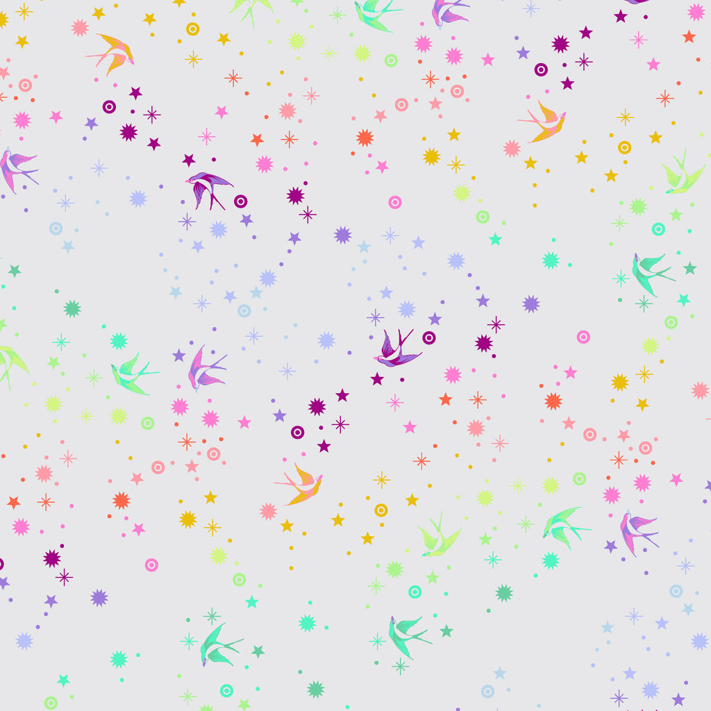 Colorful pattern of birds and stars on a light purple background