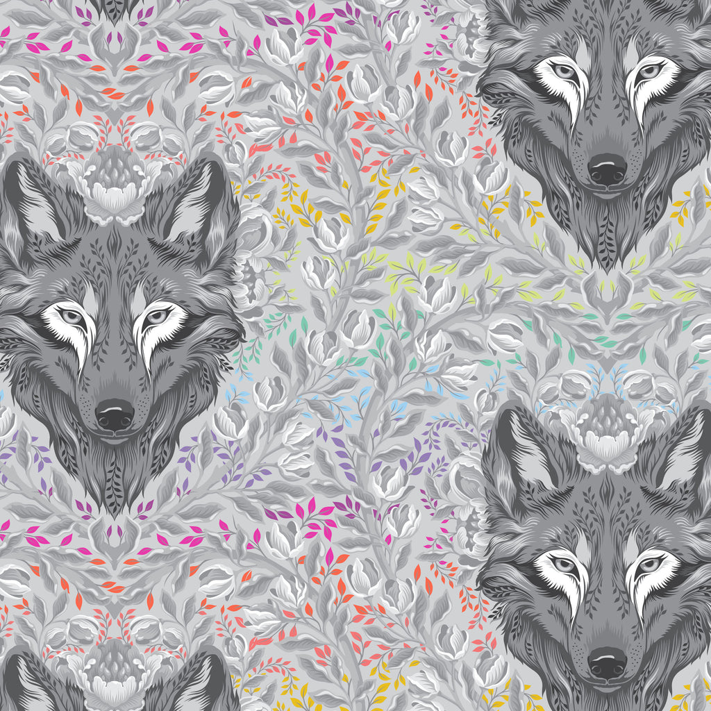 A textile design featuring a repeated pattern of a wolf's face with surrounding abstract floral elements, predominantly in gray shades with highlights of pink, orange, and yellow.