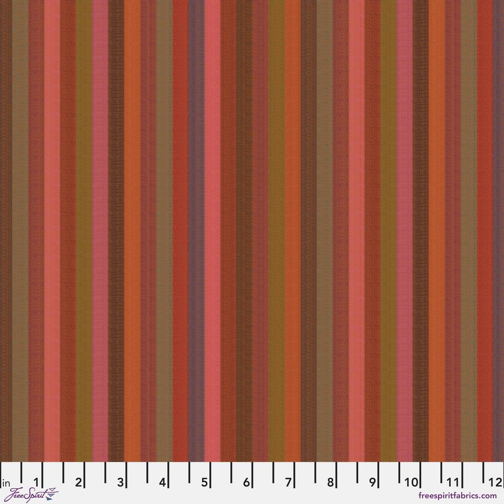 A woven fabric featuring narrow stripes in a range of colors including orange, pink, red, and tomato, with a visible scale marking on the bottom for measurement.
