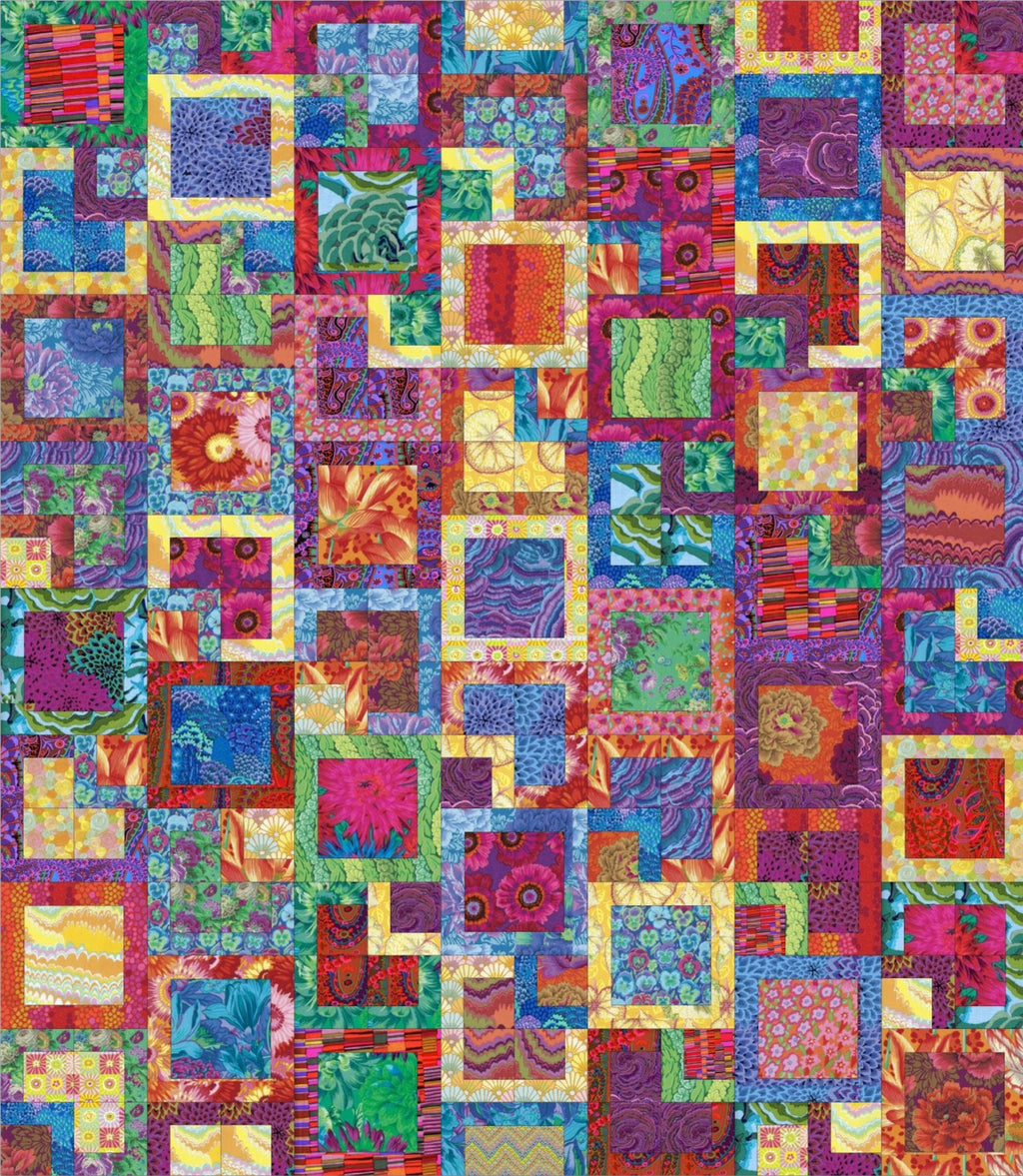 Colorful patchwork quilt with various patterns and colors.