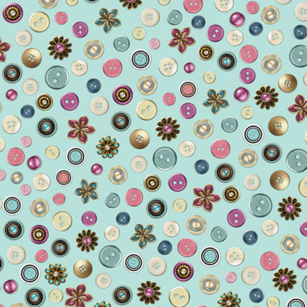Pattern of colorful buttons and flowers on a light blue background