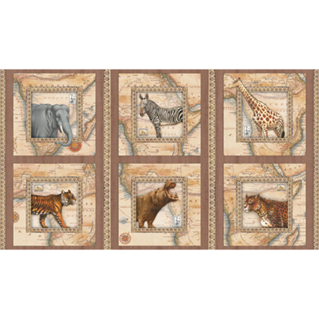 Fabric panel with framed images of animals on a map background