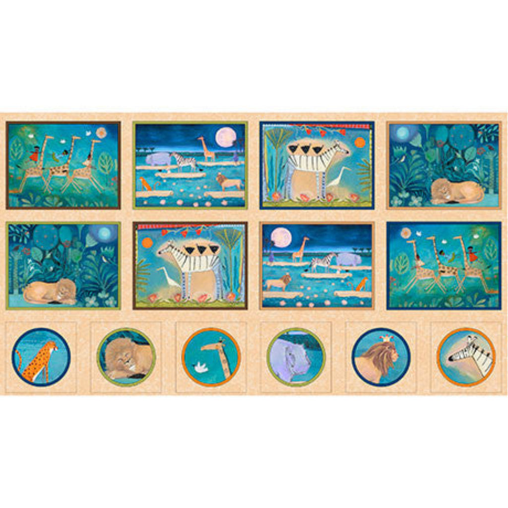 A collection of fabric panels featuring watercolor illustrations of jungle animals such as giraffes, lions, and zebras in a migratory theme.