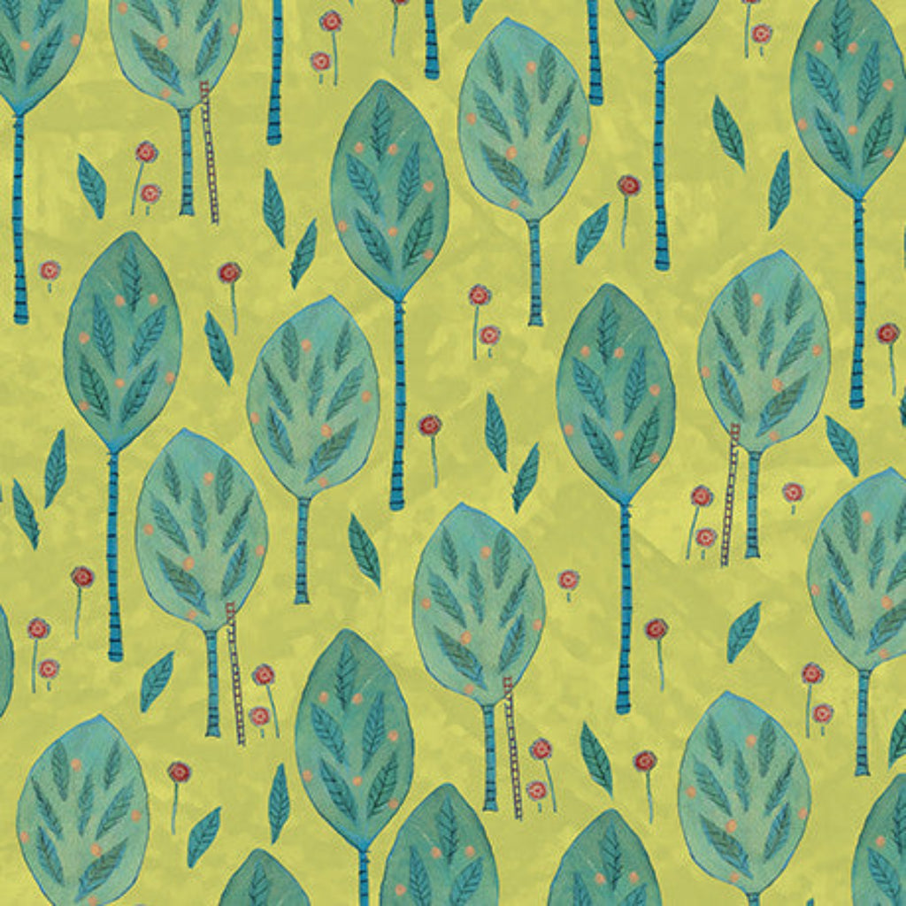 Pattern of blue trees with red flowers on a green background
