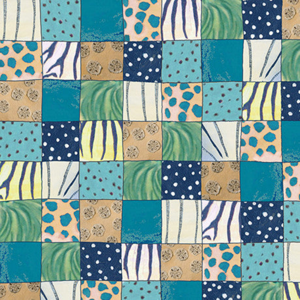 Patterned fabric with a patchwork of squares in various colors and textures