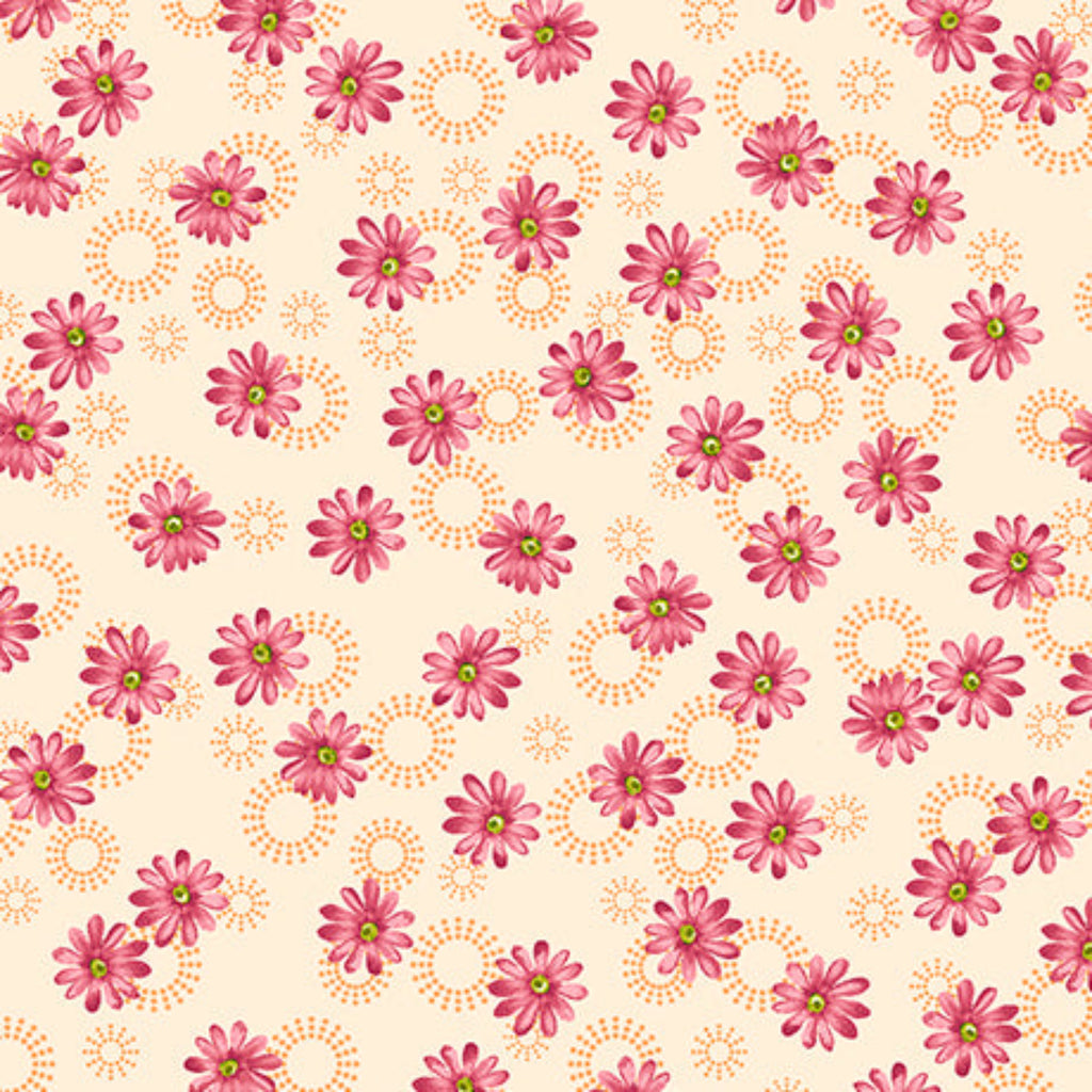 A pink fabric with a large-scale watercolor floral design.