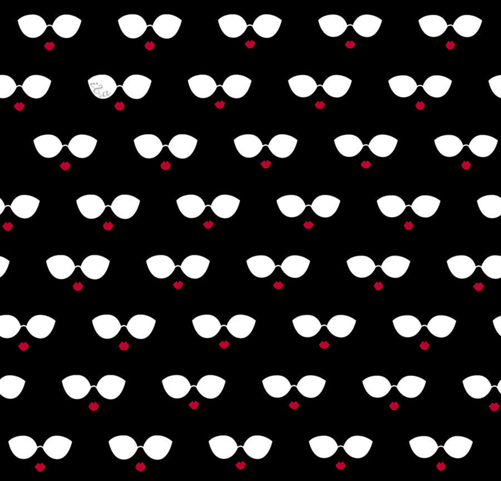 A fabric with a repeated pattern of sunglasses and a small heart, primarily in black, white, and red colors.