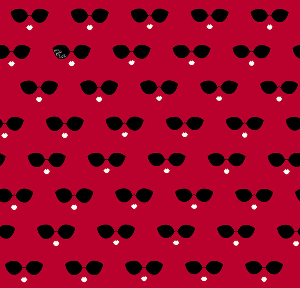 Pattern of black sunglasses with white hearts on a red background