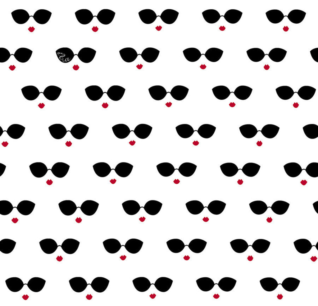 Pattern of black sunglasses with red hearts on a white background