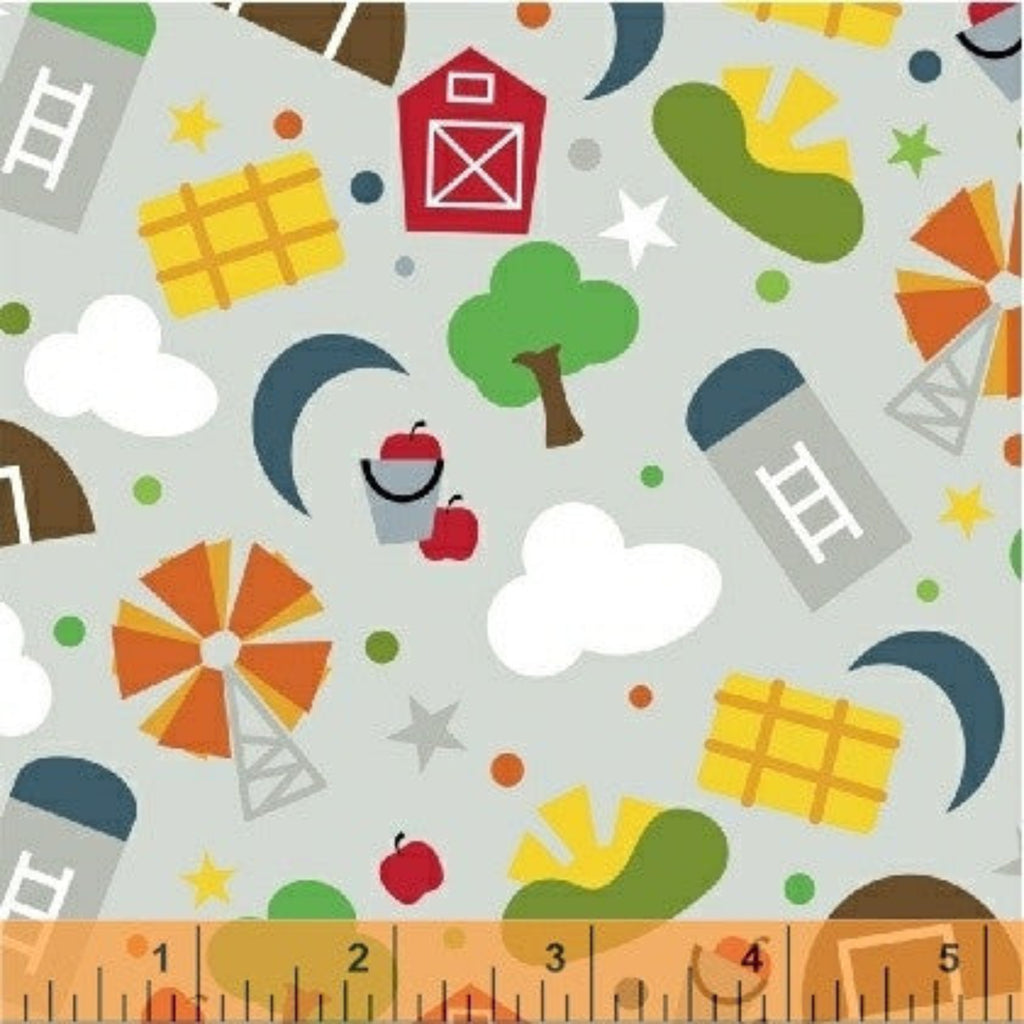 Children's fabric with farm-themed patterns including barns, silos, windmills, and trees on a gray background.