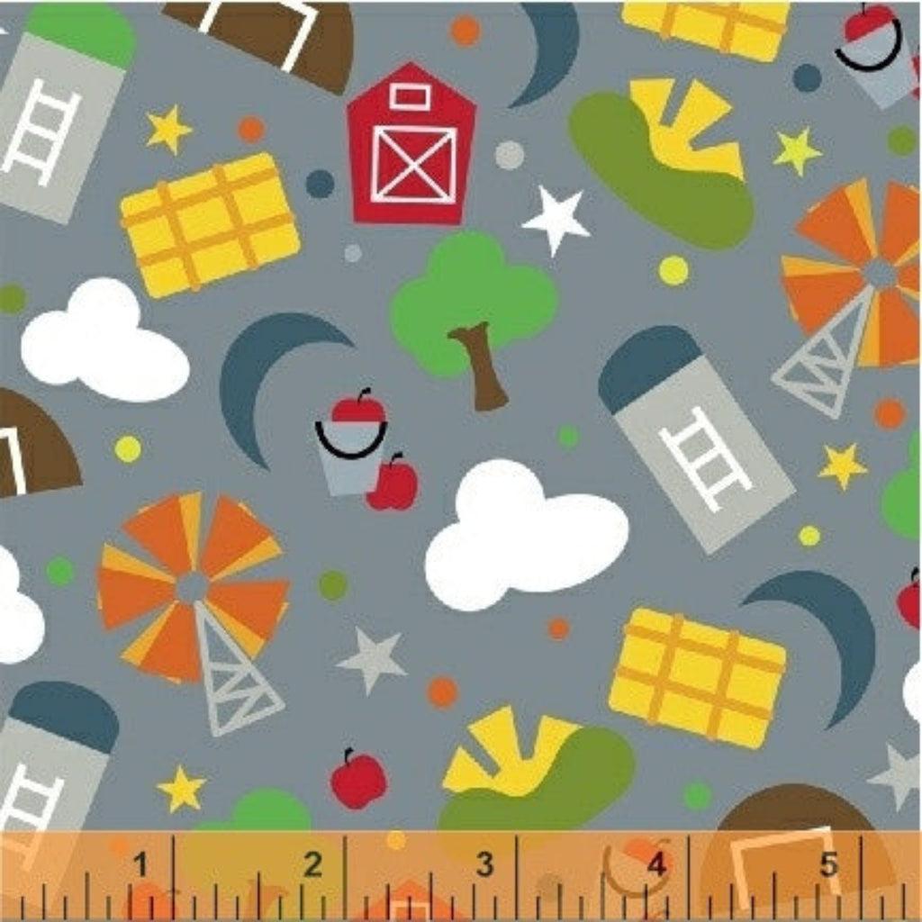 Colorful farm-themed pattern with icons on a gray background, ruler at the bottom.