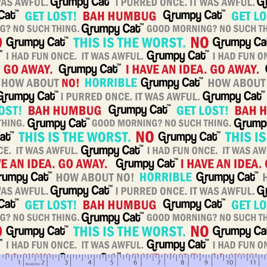 *REMNANT* Marcus Fabric Grumpy Cat Aqua on White Grumpy Text 1.3 METRES