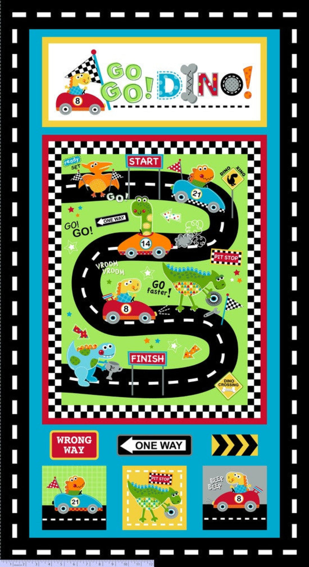 Children's play mat with cartoon dinosaurs and cars on a checkered background