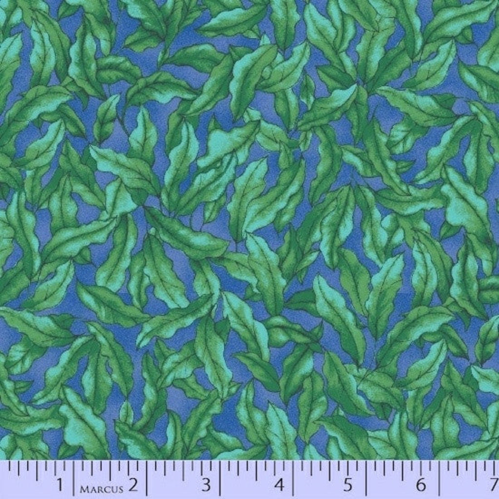 Green leaf pattern on a blue background with a ruler at the bottom.