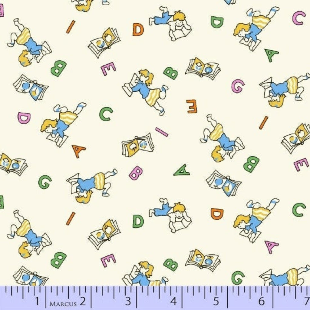 Children's fabric pattern with letters and children reading books, featuring a ruler at the bottom.
