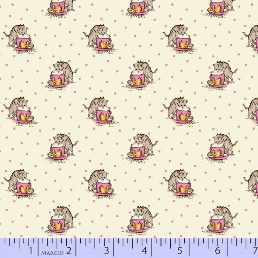 Pattern of cats drinking tea from teacups on a polka dot background with a ruler at the bottom.