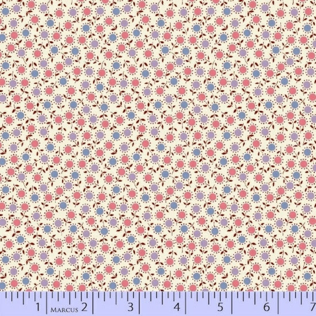 Floral pattern fabric with pink and blue flowers on a beige background, measured by a ruler at the bottom.
