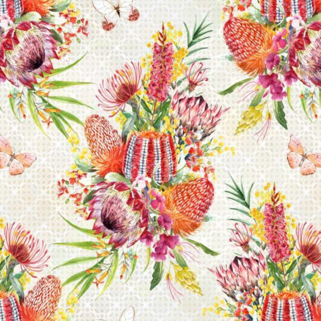 A fabric featuring a floral pattern with large flowers in shades of pink, orange, and yellow on a cream background.