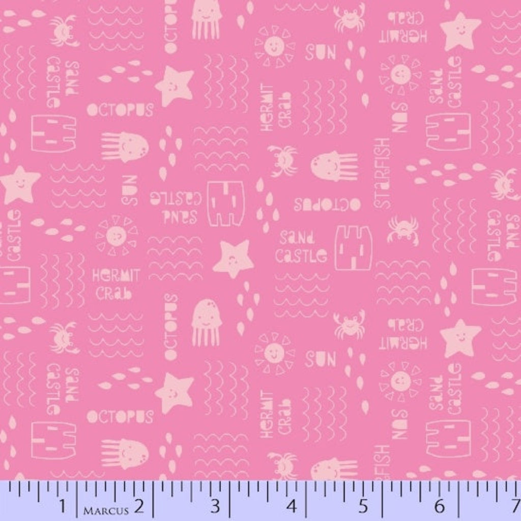 A pink fabric with a pattern of candy, lollies, and jelly beans, along with various playful designs such as stars and waves.
