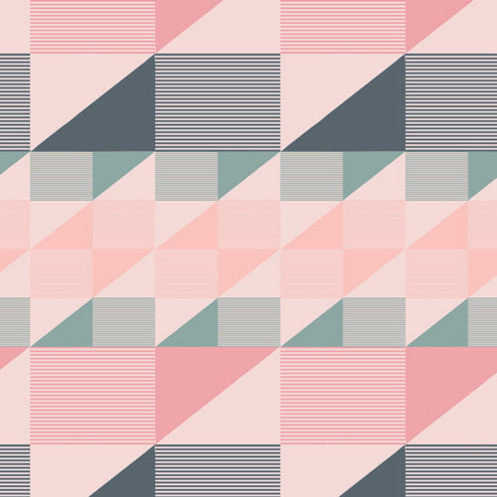 Geometric pattern with triangles and squares in pink, blue, and green on a pink background
