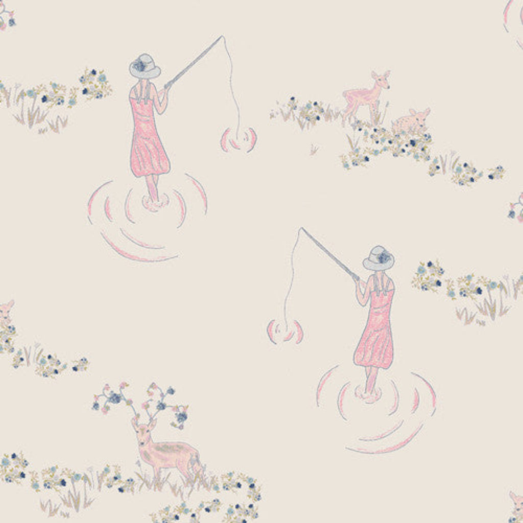 A patterned fabric featuring a scene with a person fishing, deer, and other floral elements in soft pinks and pastel blues.