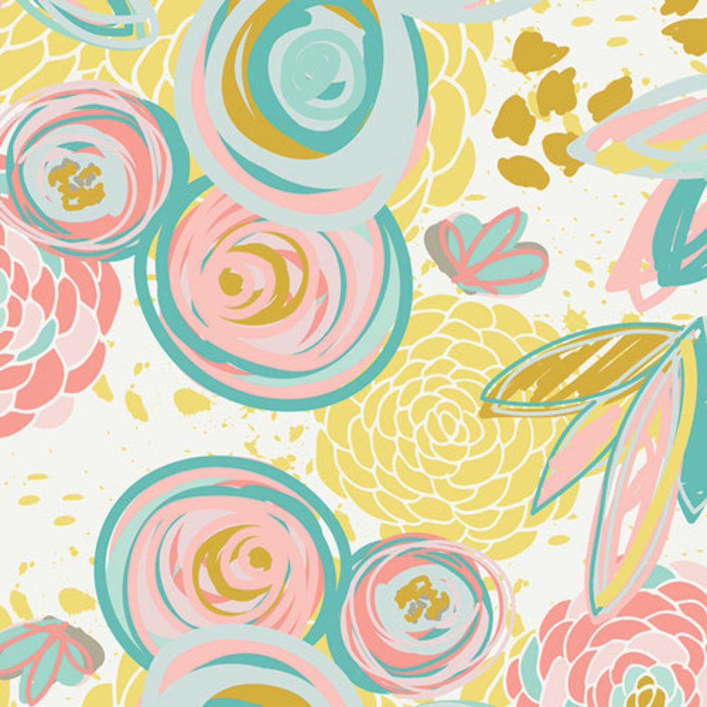 Colorful floral pattern with pink, yellow, and green flowers on a white background
