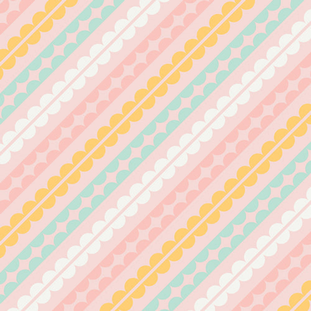 A patterned fabric featuring various colors including pink, orange, and turquoise, with a floral and geometric design.