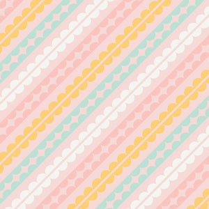 A patterned fabric featuring various colors including pink, orange, and turquoise, with a floral and geometric design.