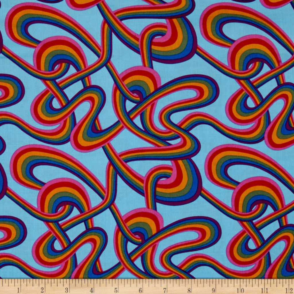 A piece of multicolored geometric patterned fabric, with a ruler at the bottom showing the measurement scale.