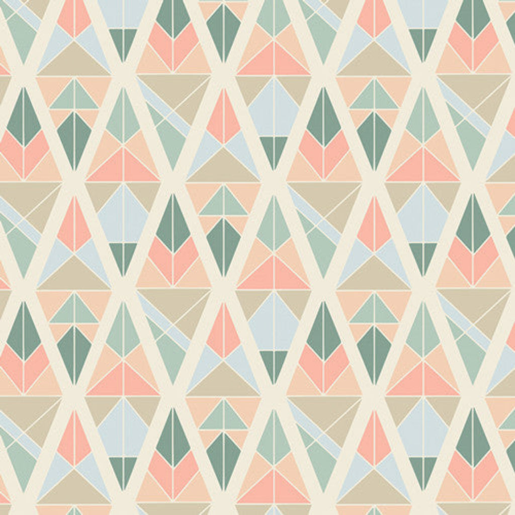 A fabric with a geometric floral pattern featuring triangles in various shades of green, pink, and blue on a white background.