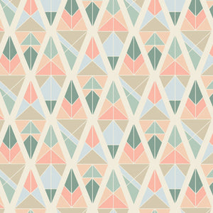 A fabric with a geometric floral pattern featuring triangles in various shades of green, pink, and blue on a white background.