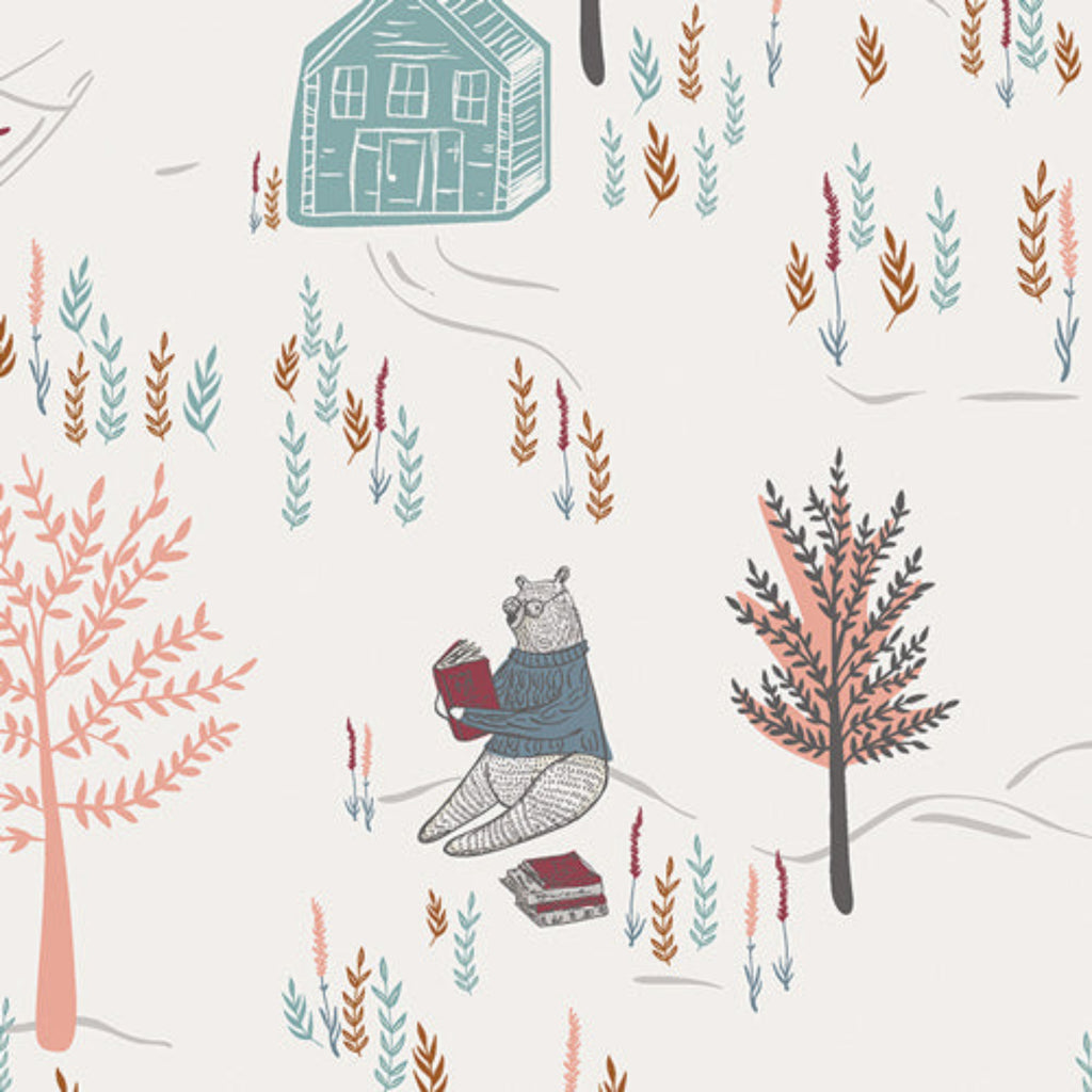 Illustration of a bear reading a book in a forest with trees and flowers.