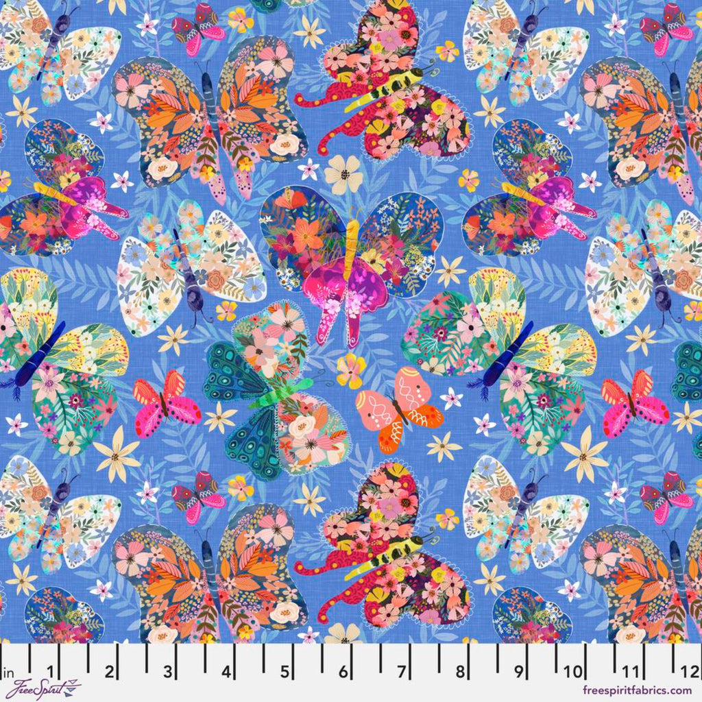 A blue fabric featuring a vibrant pattern of colorful butterflies and floral designs.