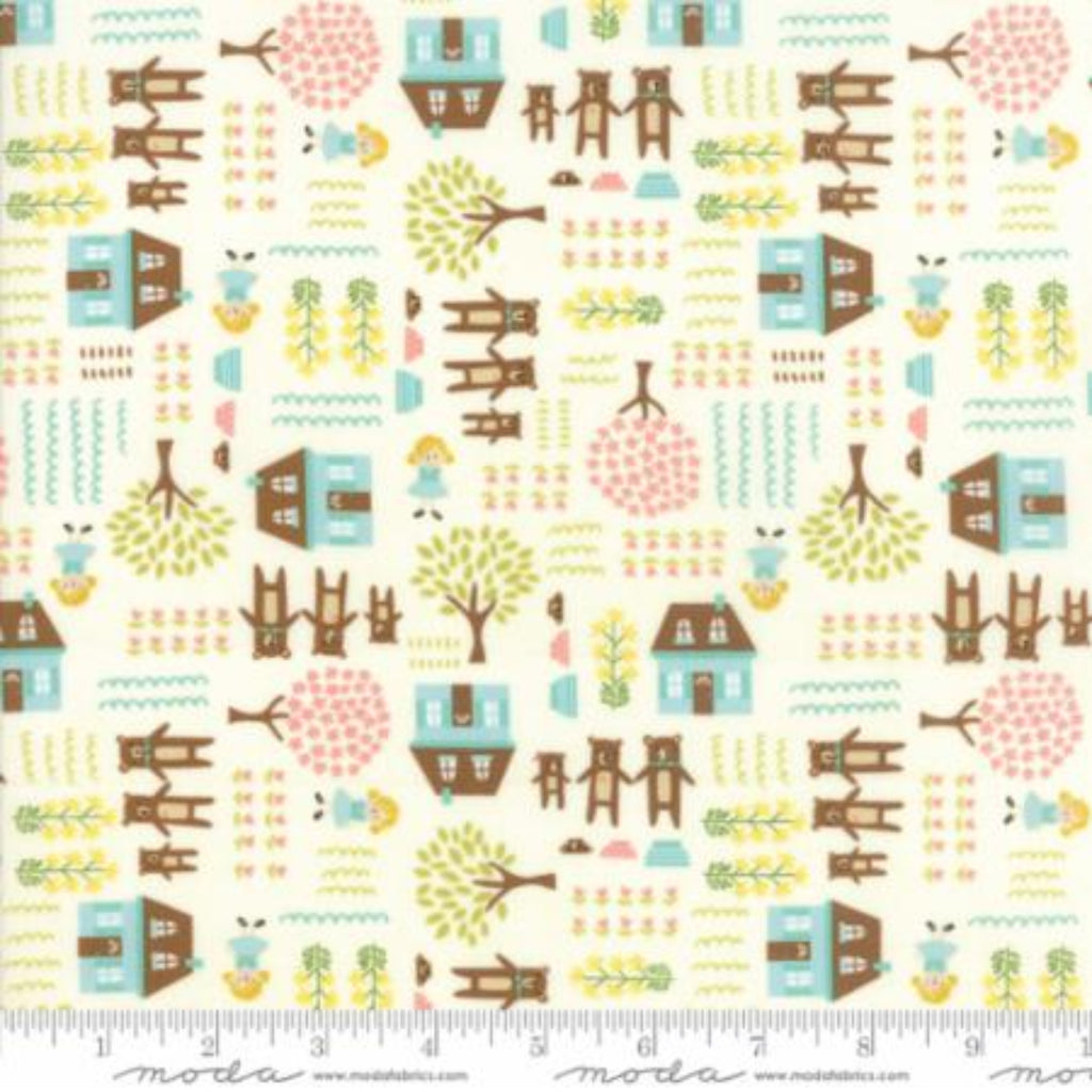 Fabric with a children's theme featuring houses, trees, and bears in an assortment of colors on a beige background.