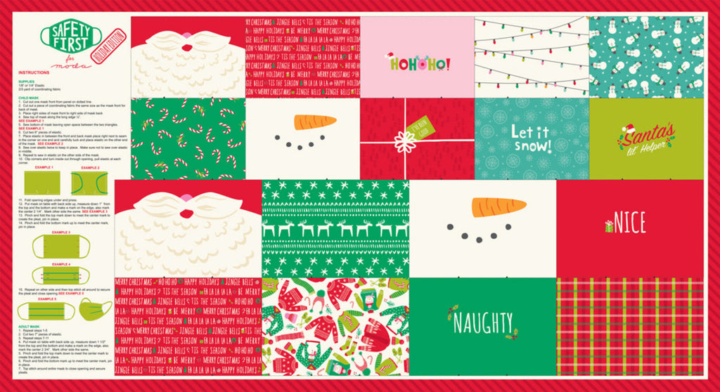 A holiday-themed fabric panel featuring various Christmas patterns including snowflakes, reindeer, and text phrases such as 'Noel' and 'Let it Snow!'.